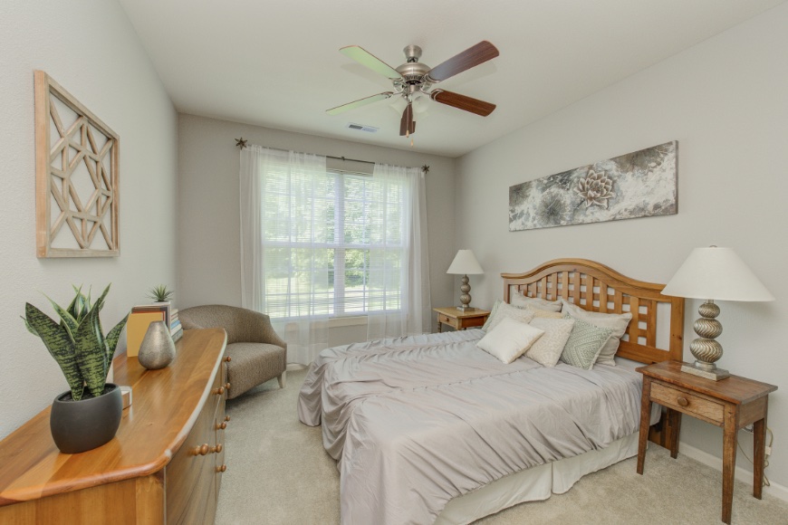 Model bedroom in a Carmel apartment.