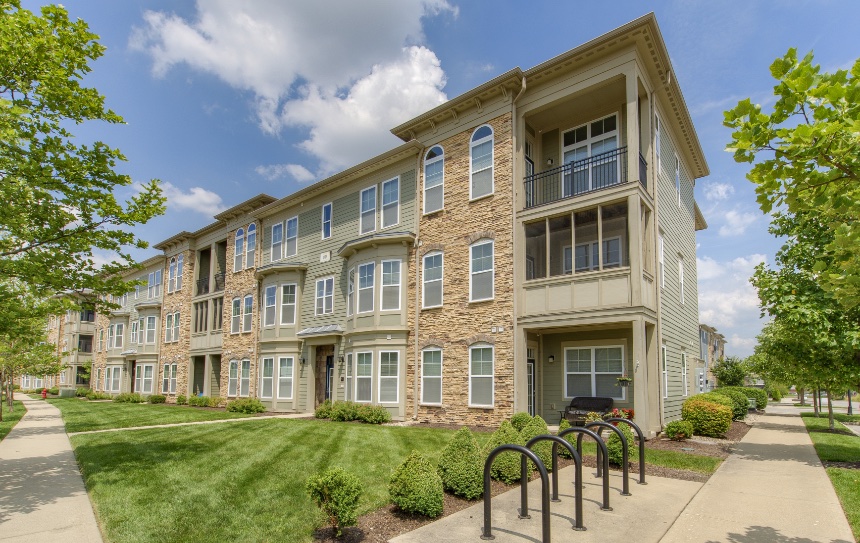 Exterior view of a Carmel apartment building.