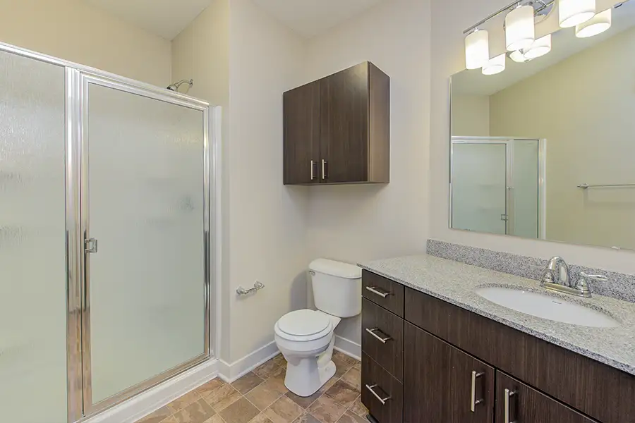 A bathroom with a shower